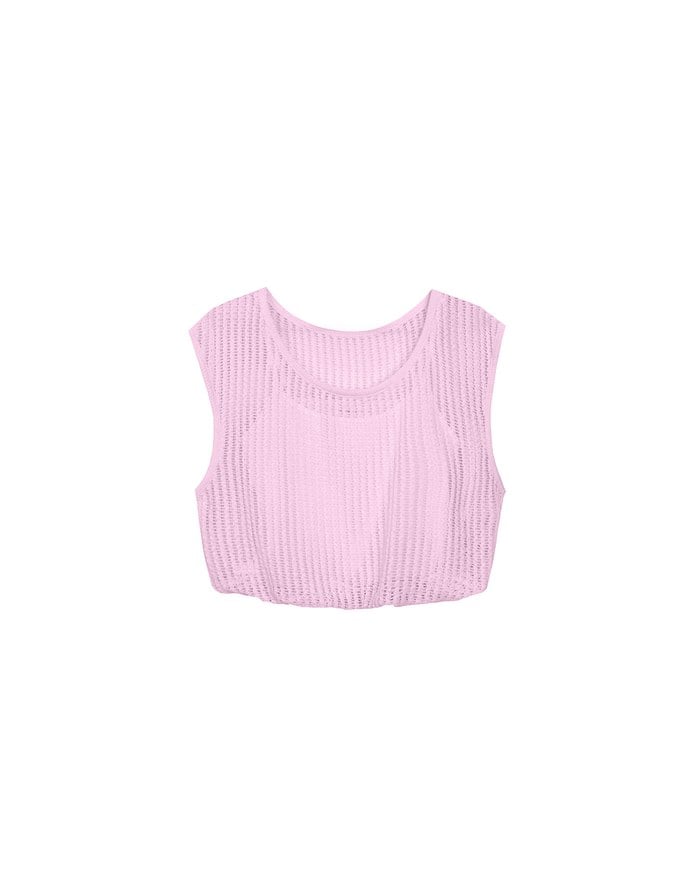 Faux 2 Piece Sleeveless Layered Mesh Top with Soft Knit Texture