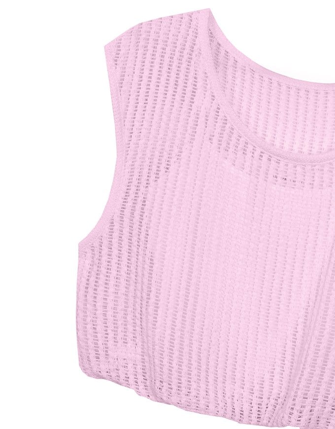 Faux 2 Piece Sleeveless Layered Mesh Top with Soft Knit Texture
