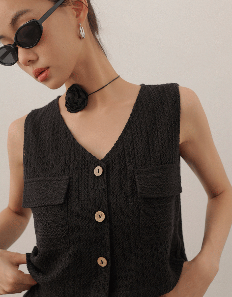 Lace Crochet Inspired Knit Vest Top with Pocket Accents