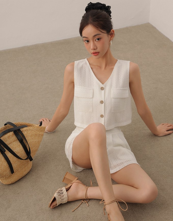 Lace Crochet Inspired Knit Vest Top with Pocket Accents
