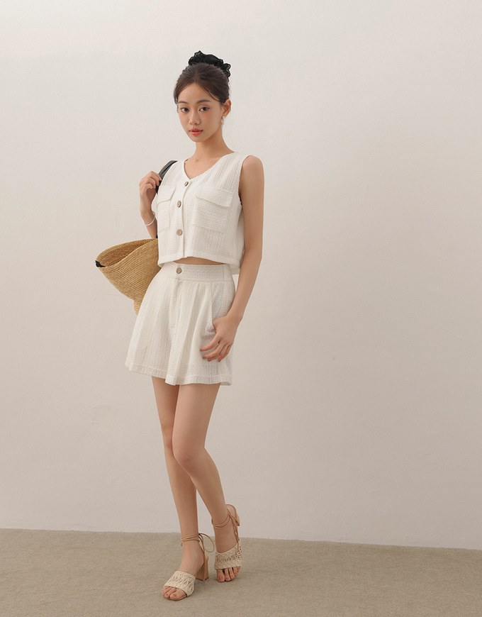 Lace Crochet Inspired Knit Vest Top with Pocket Accents