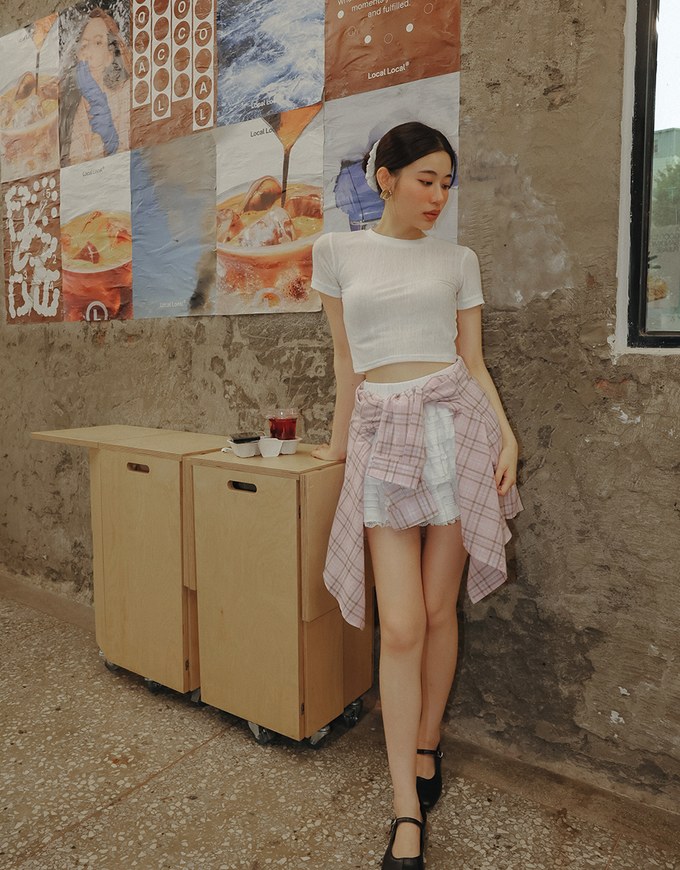 Contrast Trim Semi Sheer Knit Cropped Short Sleeve Tee