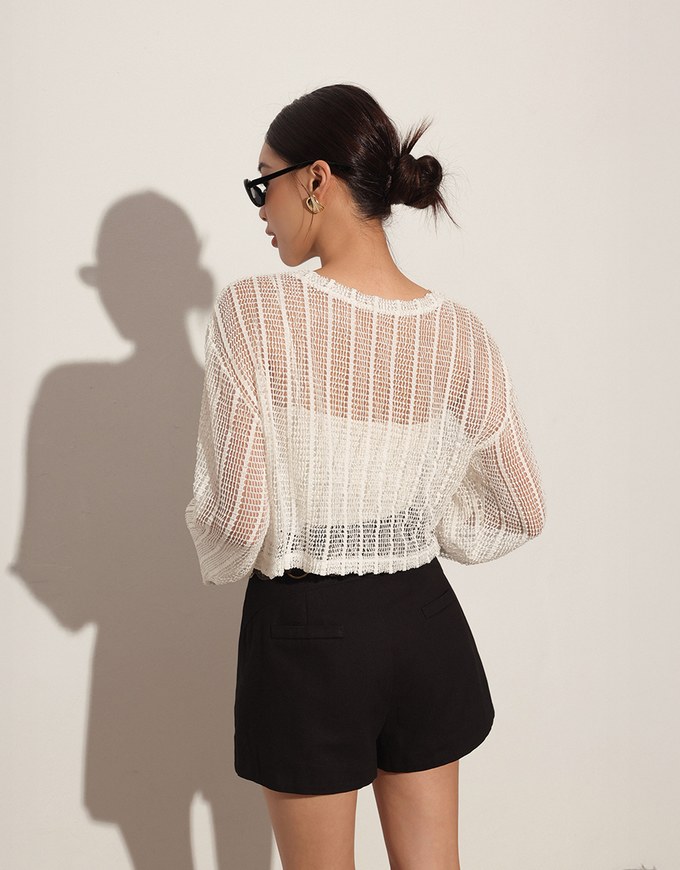 Relaxed Fit Sheer Crochet Openwork Knit Pullover Sweater