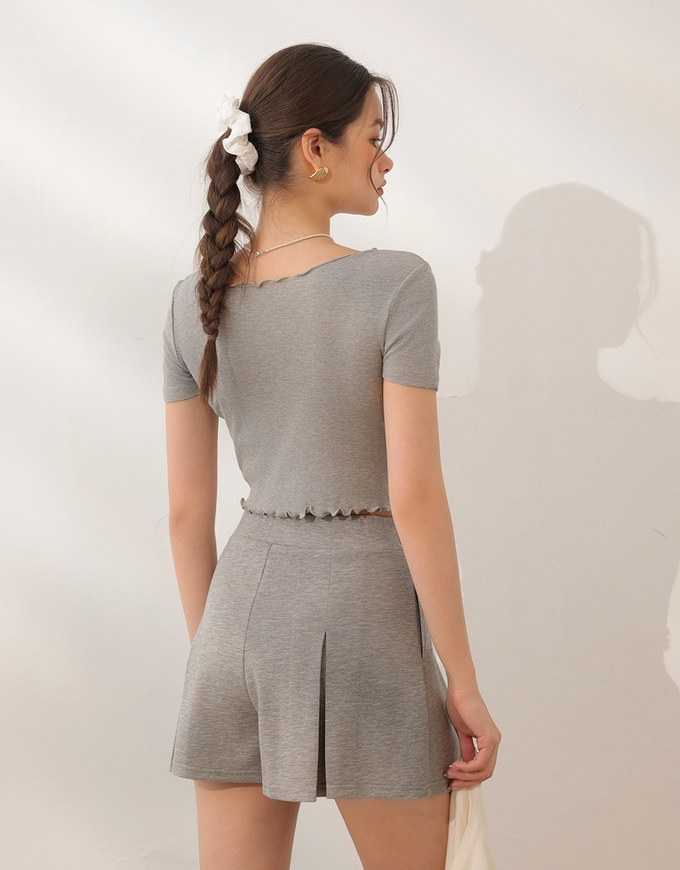 Ribbon Cut Out Ribbed Crop Top with Lettuce Hem