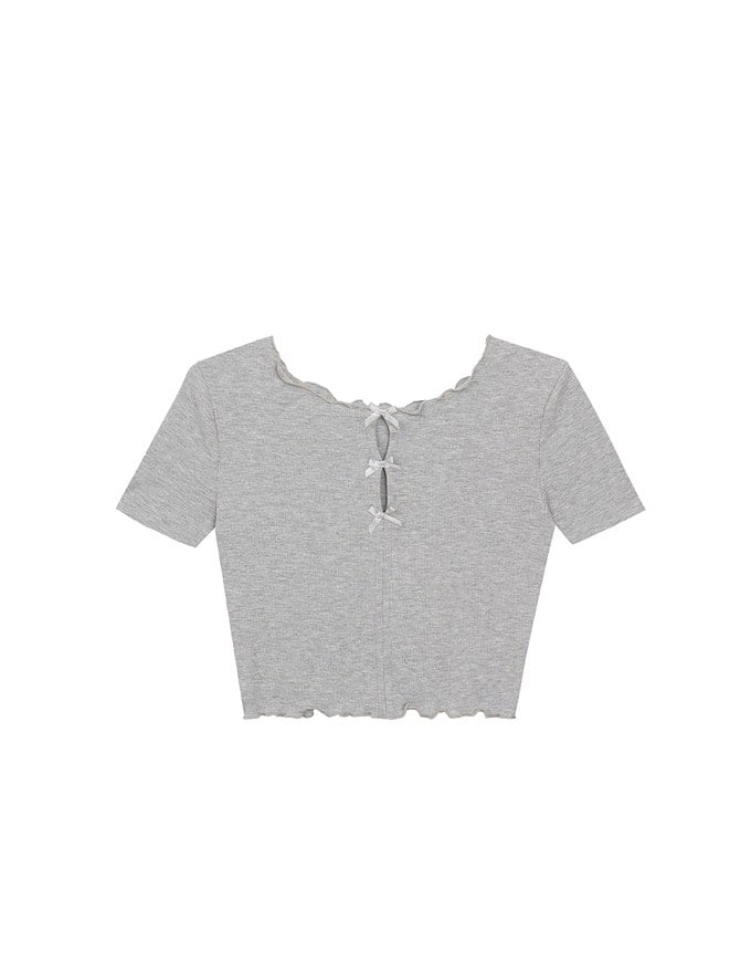 Ribbon Cut Out Ribbed Crop Top with Lettuce Hem