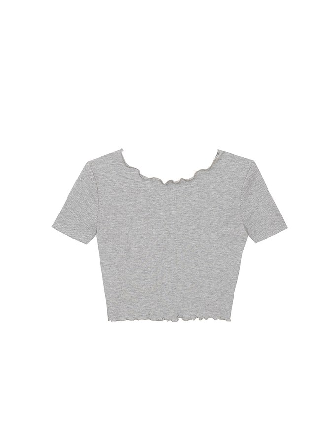 Ribbon Cut Out Ribbed Crop Top with Lettuce Hem