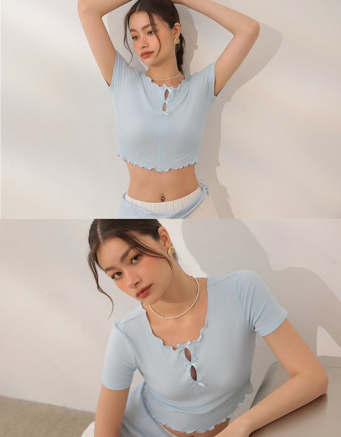 Ribbon Cut Out Ribbed Crop Top with Lettuce Hem