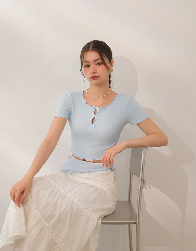 Ribbon Cut Out Ribbed Crop Top with Lettuce Hem