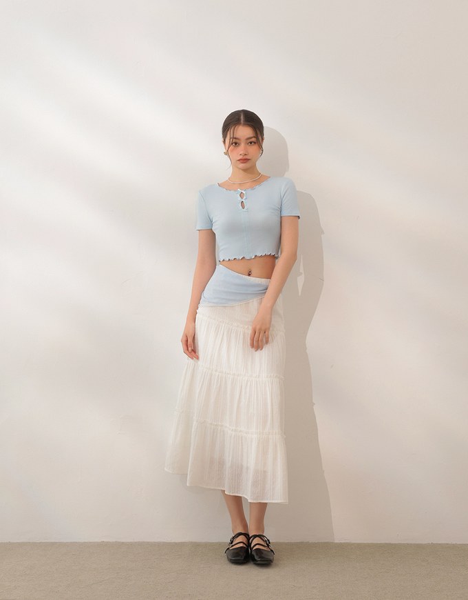 Ribbon Cut Out Ribbed Crop Top with Lettuce Hem