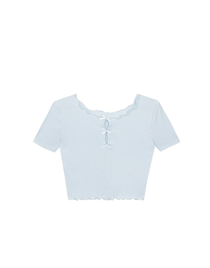 Ribbon Cut Out Ribbed Crop Top with Lettuce Hem