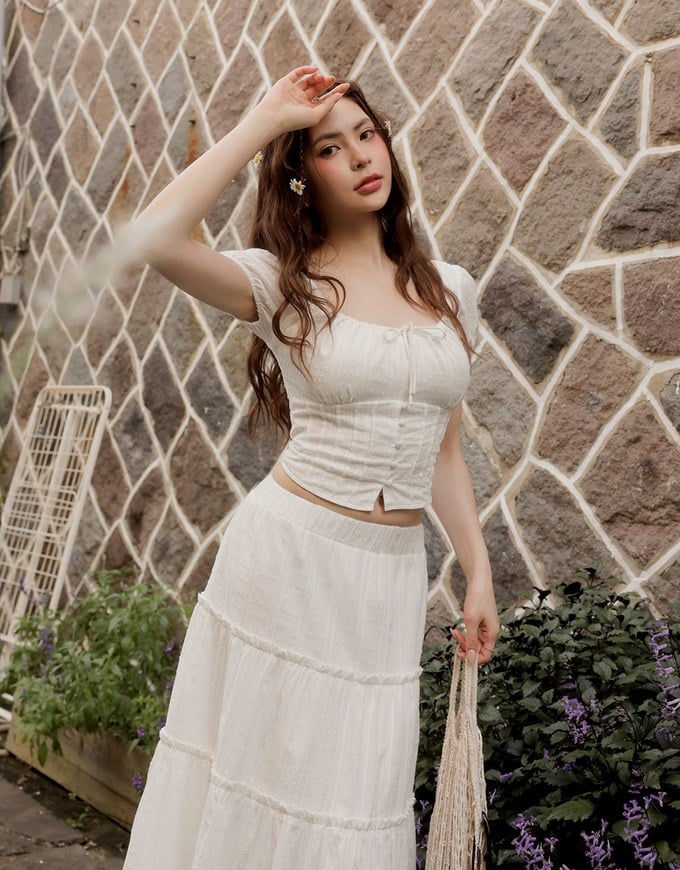 Square Neck Puff Sleeve Button Up Corset Top