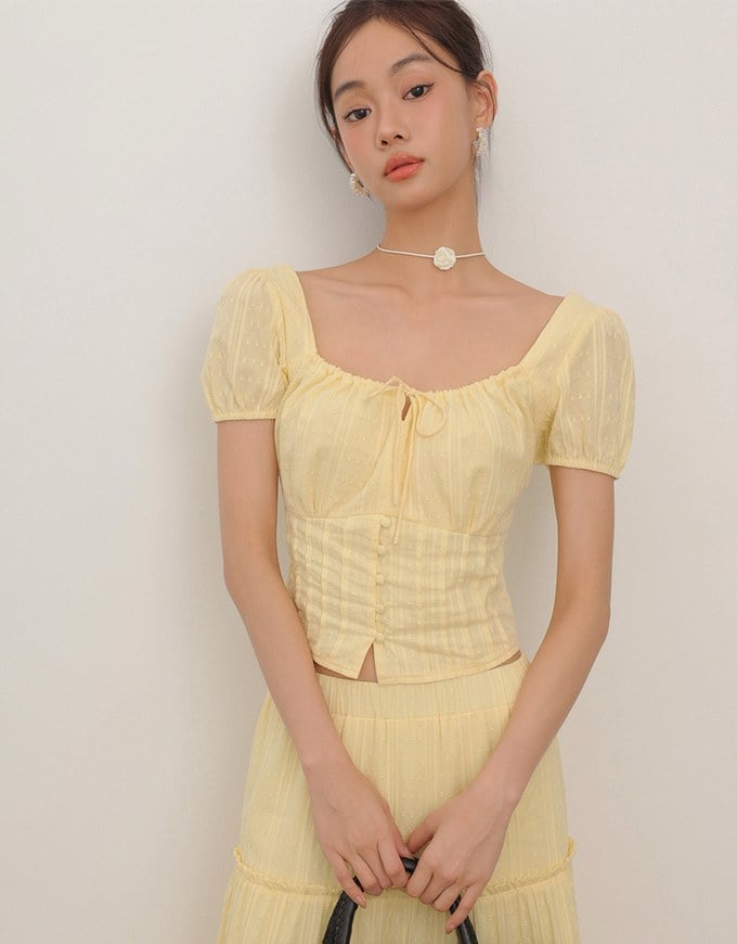 Square Neck Puff Sleeve Button Up Corset Top