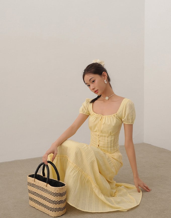 Square Neck Puff Sleeve Button Up Corset Top