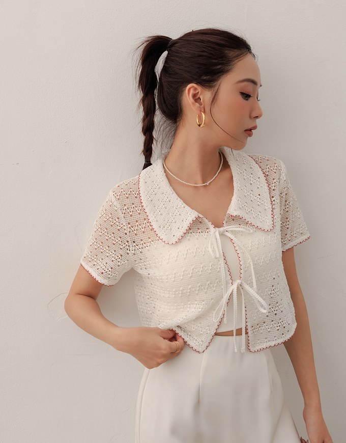 Contrast Trim Crochet Tie Front Collared Top