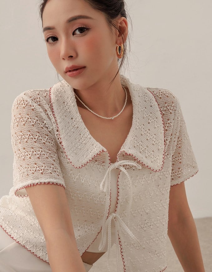 Contrast Trim Crochet Tie Front Collared Top
