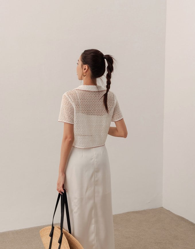 Contrast Trim Crochet Tie Front Collared Top