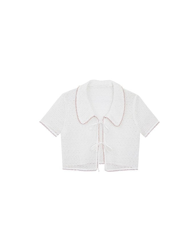 Contrast Trim Crochet Tie Front Collared Top
