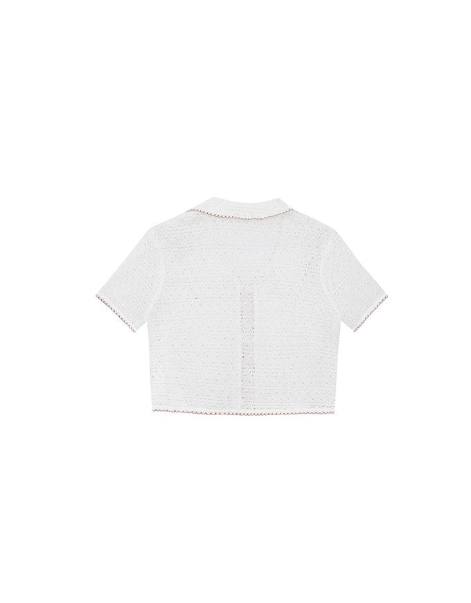 Contrast Trim Crochet Tie Front Collared Top
