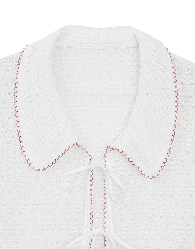 Contrast Trim Crochet Tie Front Collared Top