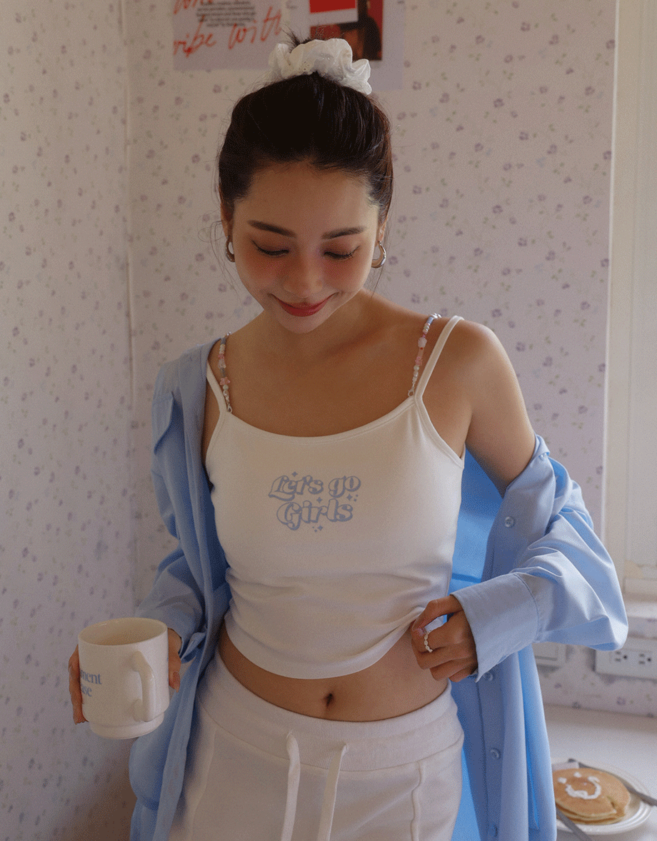 Beaded Strap Cropped Cami Top with Slogan Print