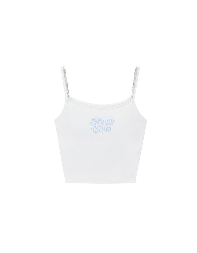 Beaded Strap Cropped Cami Top with Slogan Print