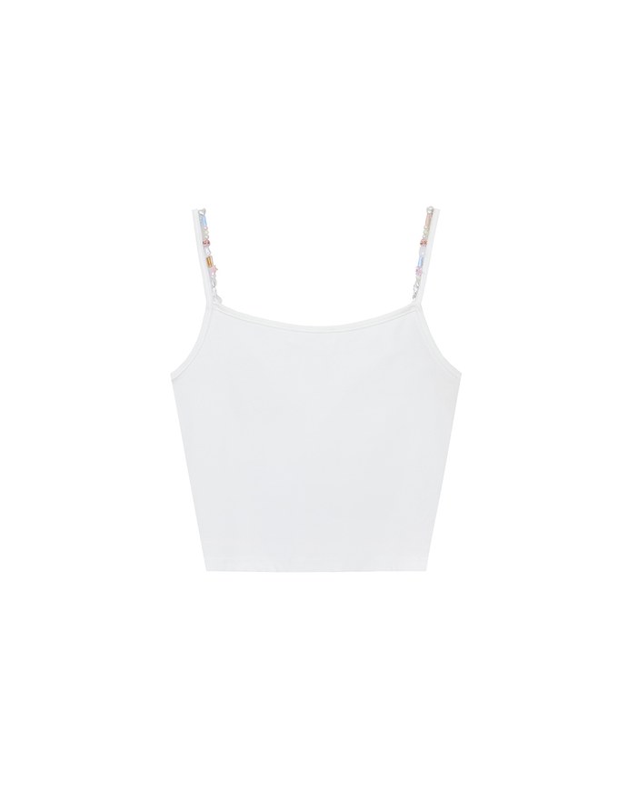 Beaded Strap Cropped Cami Top with Slogan Print