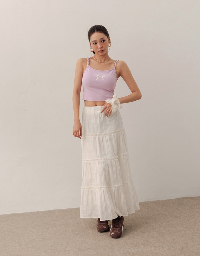 Beaded Strap Cropped Cami Top with Slogan Print