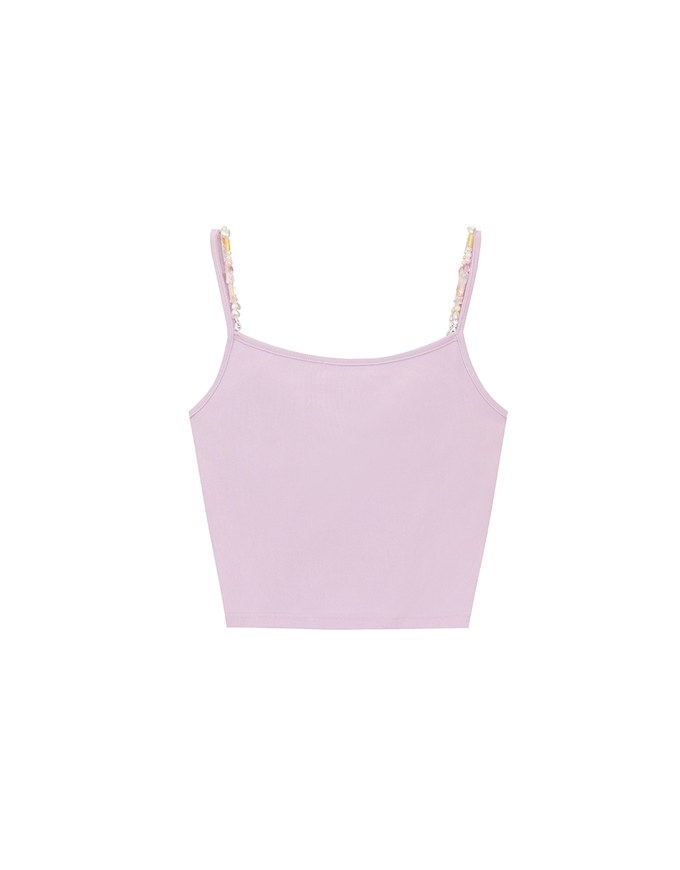 Beaded Strap Cropped Cami Top with Slogan Print