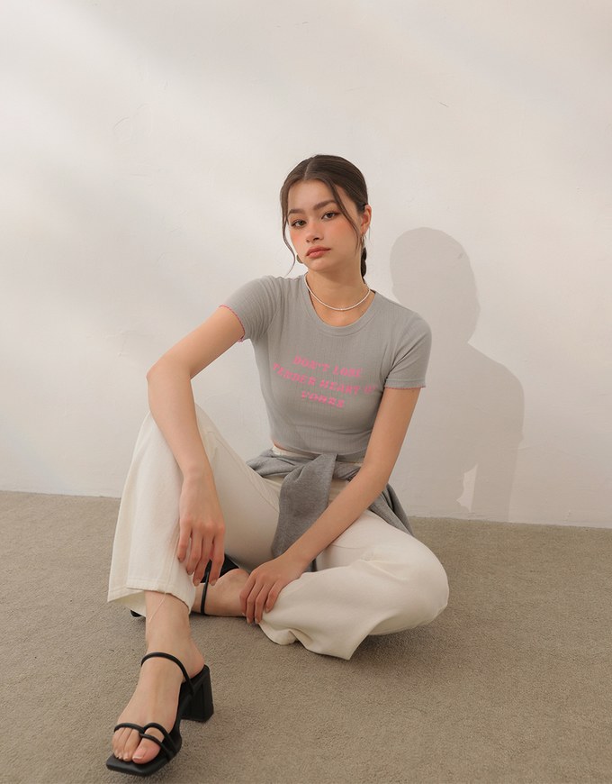 Slogan Print Ribbed Cropped Tee with Contrast Lettuce Hem Trim