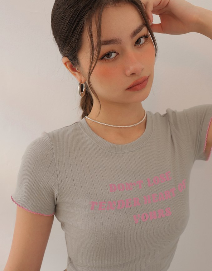 Slogan Print Ribbed Cropped Tee with Contrast Lettuce Hem Trim