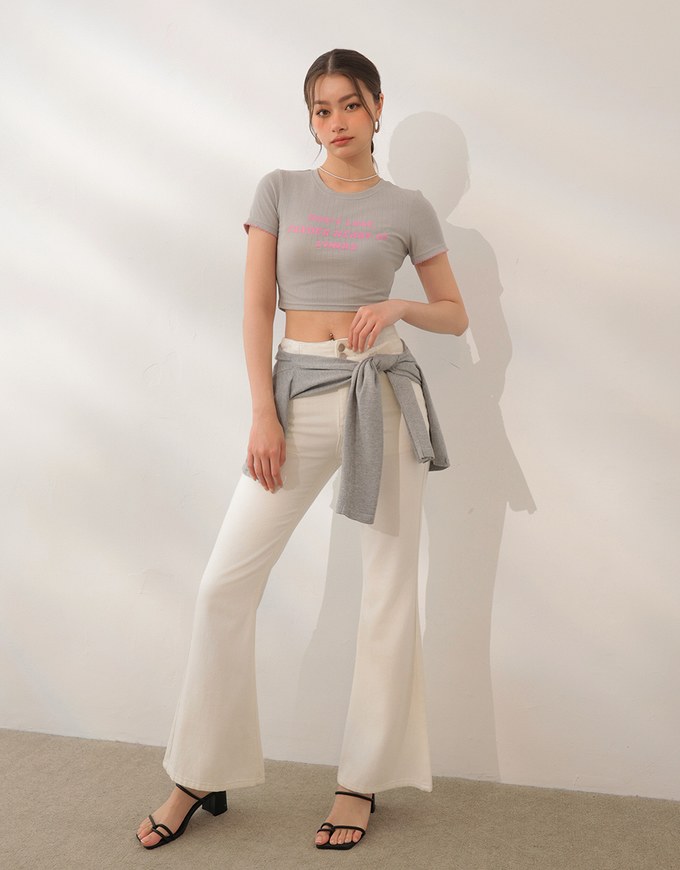 Slogan Print Ribbed Cropped Tee with Contrast Lettuce Hem Trim