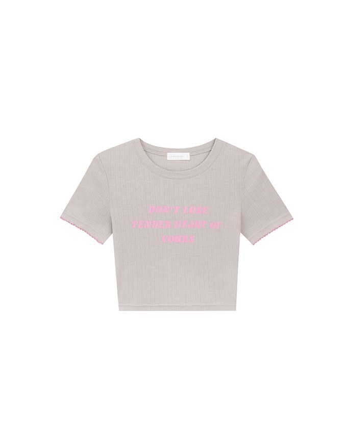 Slogan Print Ribbed Cropped Tee with Contrast Lettuce Hem Trim