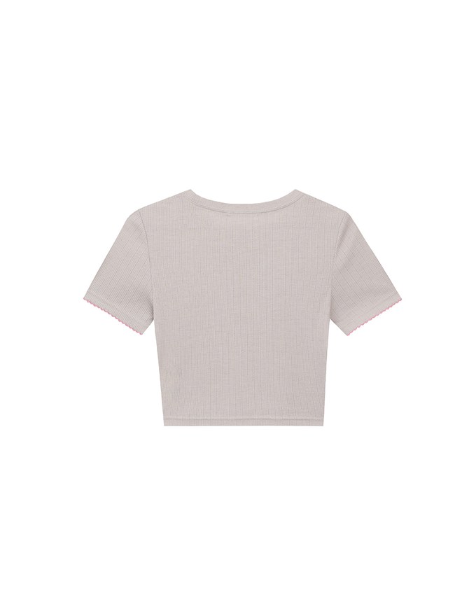 Slogan Print Ribbed Cropped Tee with Contrast Lettuce Hem Trim