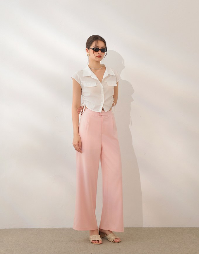 Collared Short Sleeve Blouse with Side Tie Ruched Details