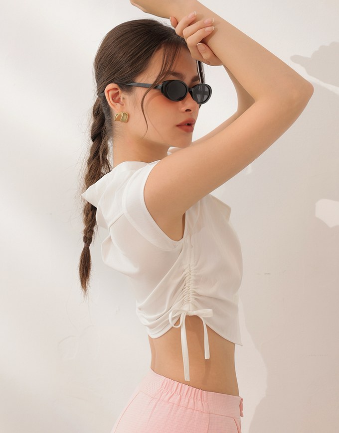 Collared Short Sleeve Blouse with Side Tie Ruched Details