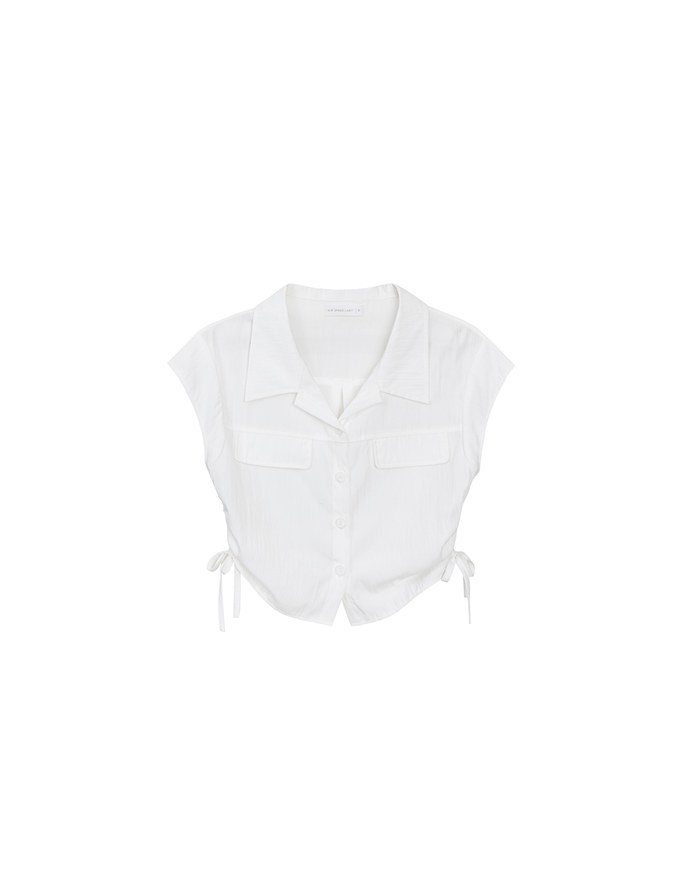 Collared Short Sleeve Blouse with Side Tie Ruched Details