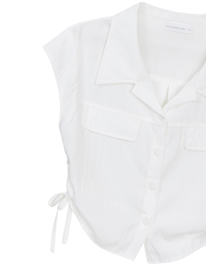Collared Short Sleeve Blouse with Side Tie Ruched Details