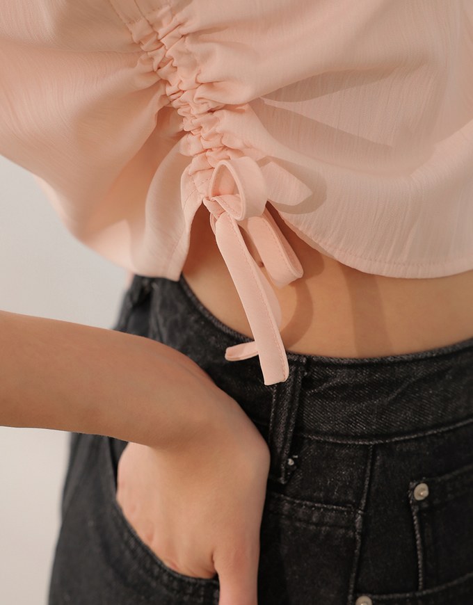 Collared Short Sleeve Blouse with Side Tie Ruched Details