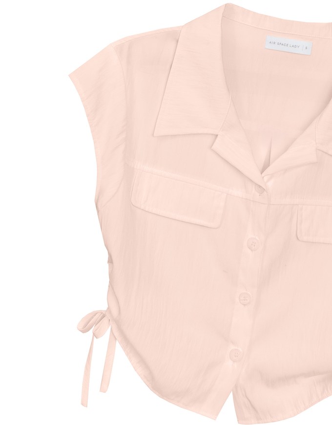 Collared Short Sleeve Blouse with Side Tie Ruched Details