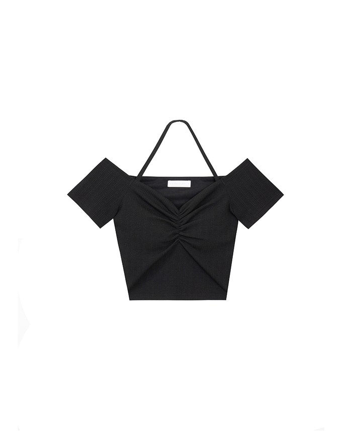 Off-Shoulder Halter Ribbed Knit Padded Cropped Top with Ruched Bust Detail