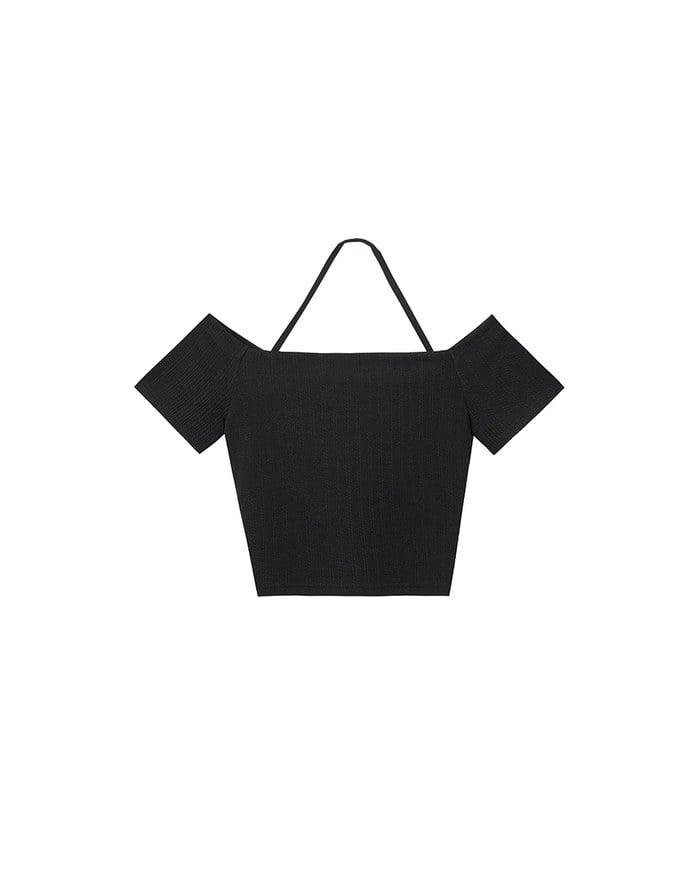 Off-Shoulder Halter Ribbed Knit Padded Cropped Top with Ruched Bust Detail