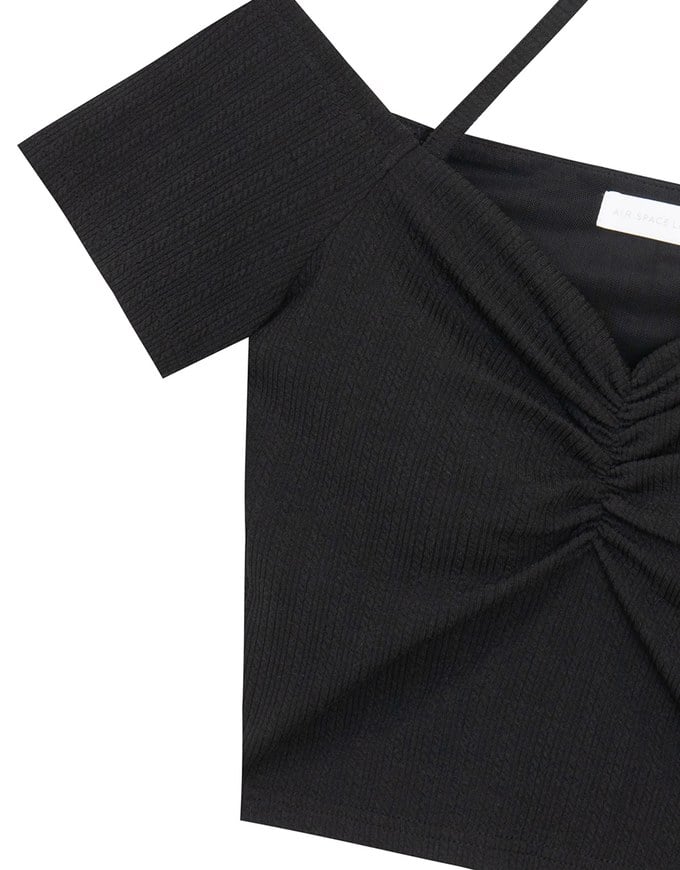 Off-Shoulder Halter Ribbed Knit Padded Cropped Top with Ruched Bust Detail