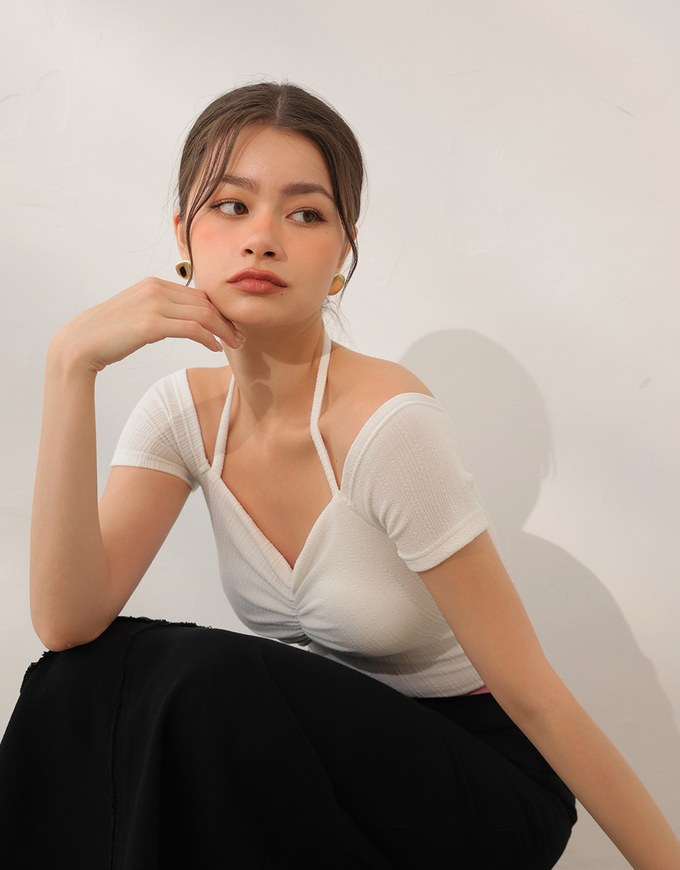 Off-Shoulder Halter Ribbed Knit Padded Cropped Top with Ruched Bust Detail