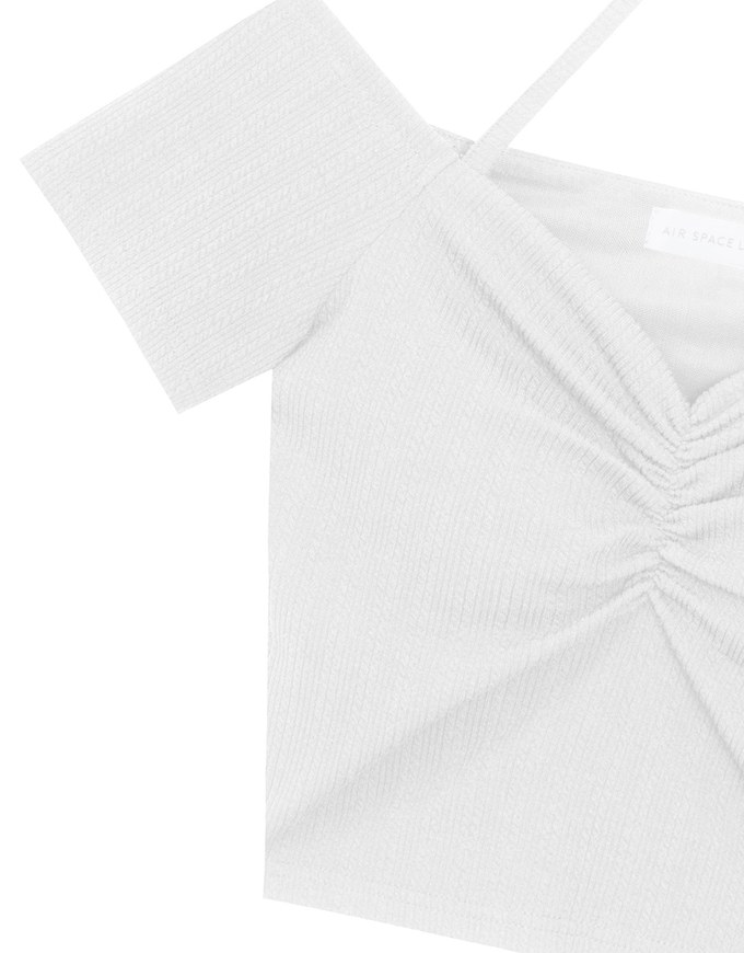Off-Shoulder Halter Ribbed Knit Padded Cropped Top with Ruched Bust Detail