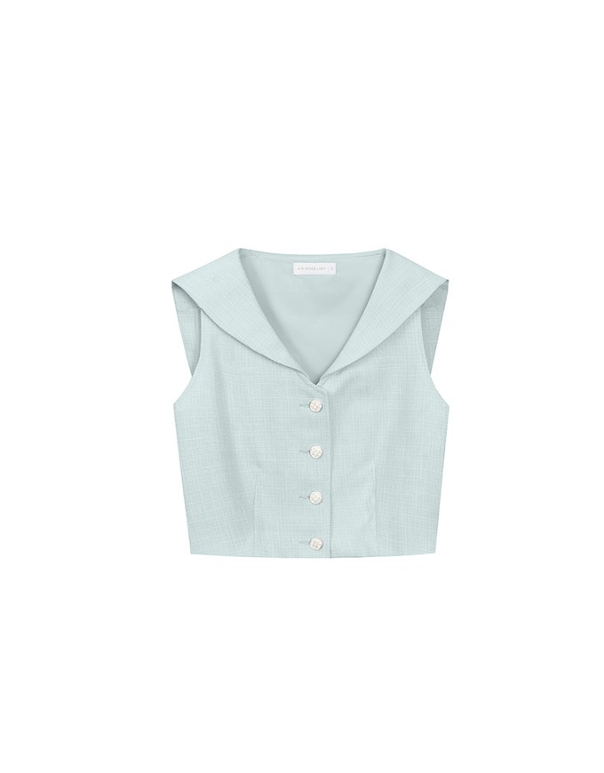 Textured Sailor Collar Sleeveless Button Up Cropped Top