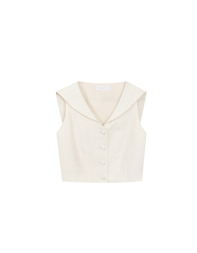 Textured Sailor Collar Sleeveless Button Up Cropped Top