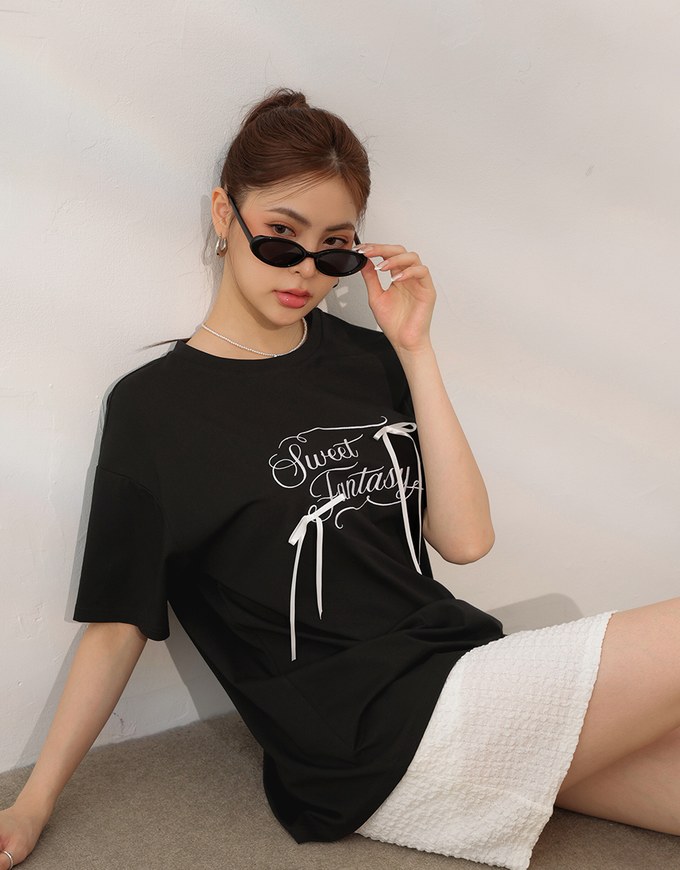 Ribbon Bow Embroidered Oversized Letter Tee