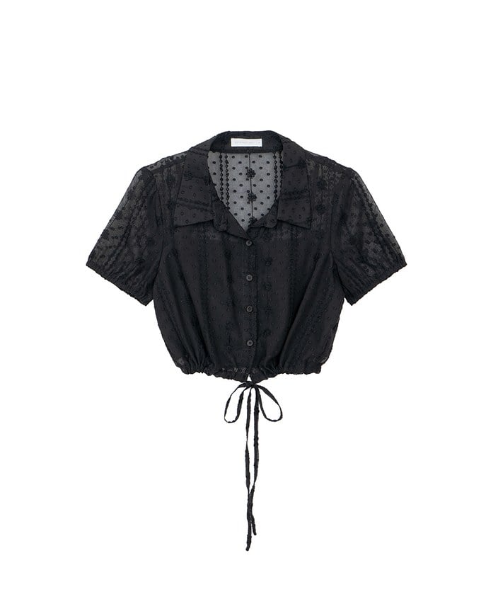 Dot Pattern Floral Lace Embroidered Puff Sleeve Cropped Shirt with Drawstring Hem