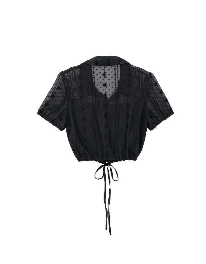 Dot Pattern Floral Lace Embroidered Puff Sleeve Cropped Shirt with Drawstring Hem