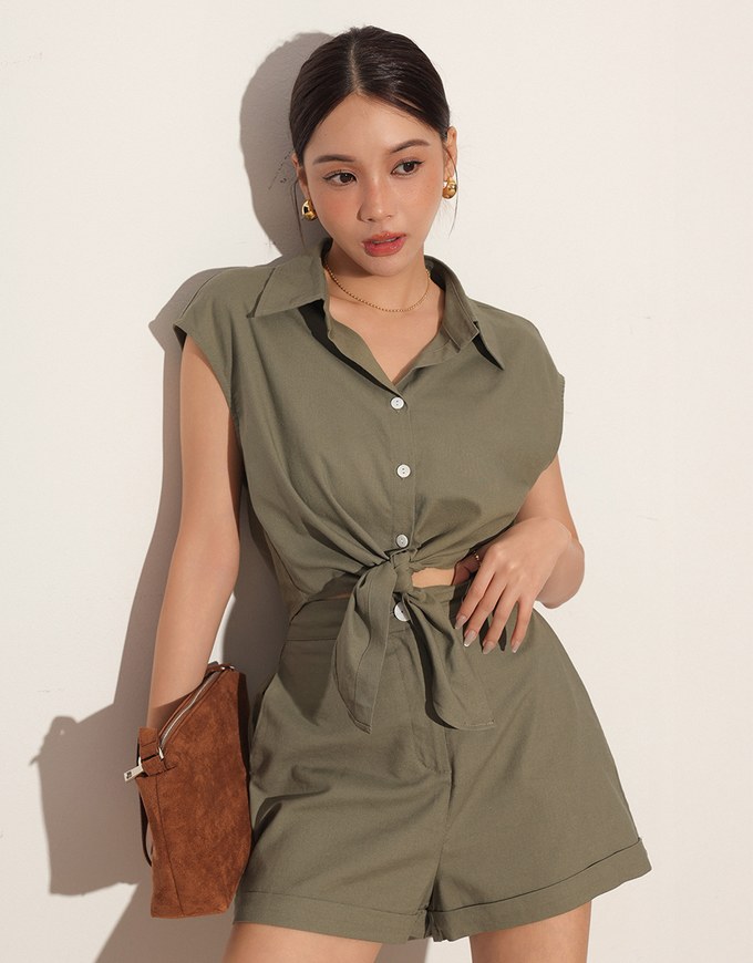 Button Down Collared Front Tie Sleeveless Cropped Shirt Top